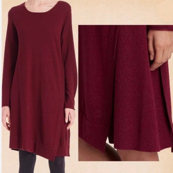 Eileen Fisher Sweater Dress Burgundy 100% Merino Wool Asymmetrical Long Sleeve - Picture 7 of 16